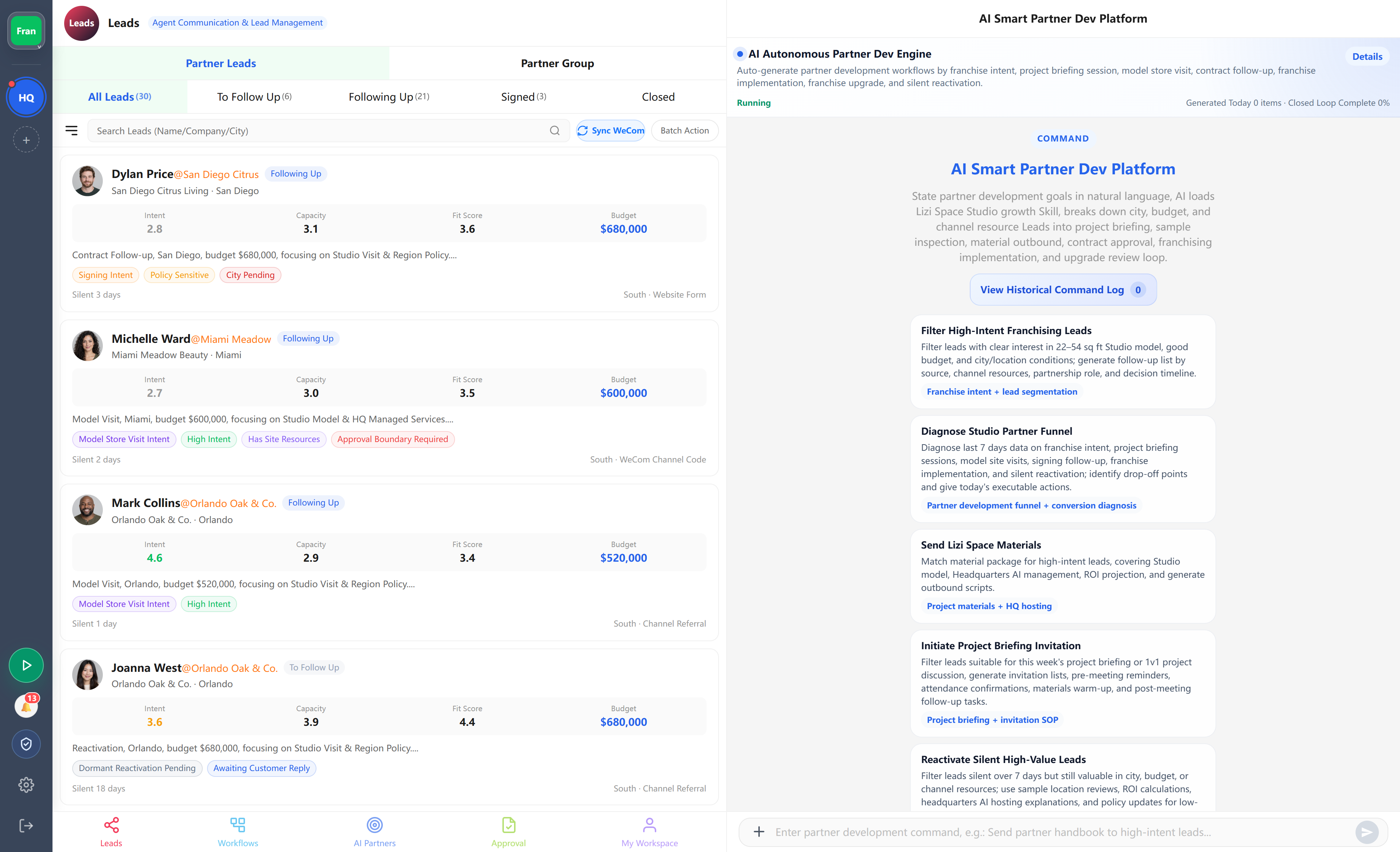 Lead workspace and AI partner assistant — English interface preview