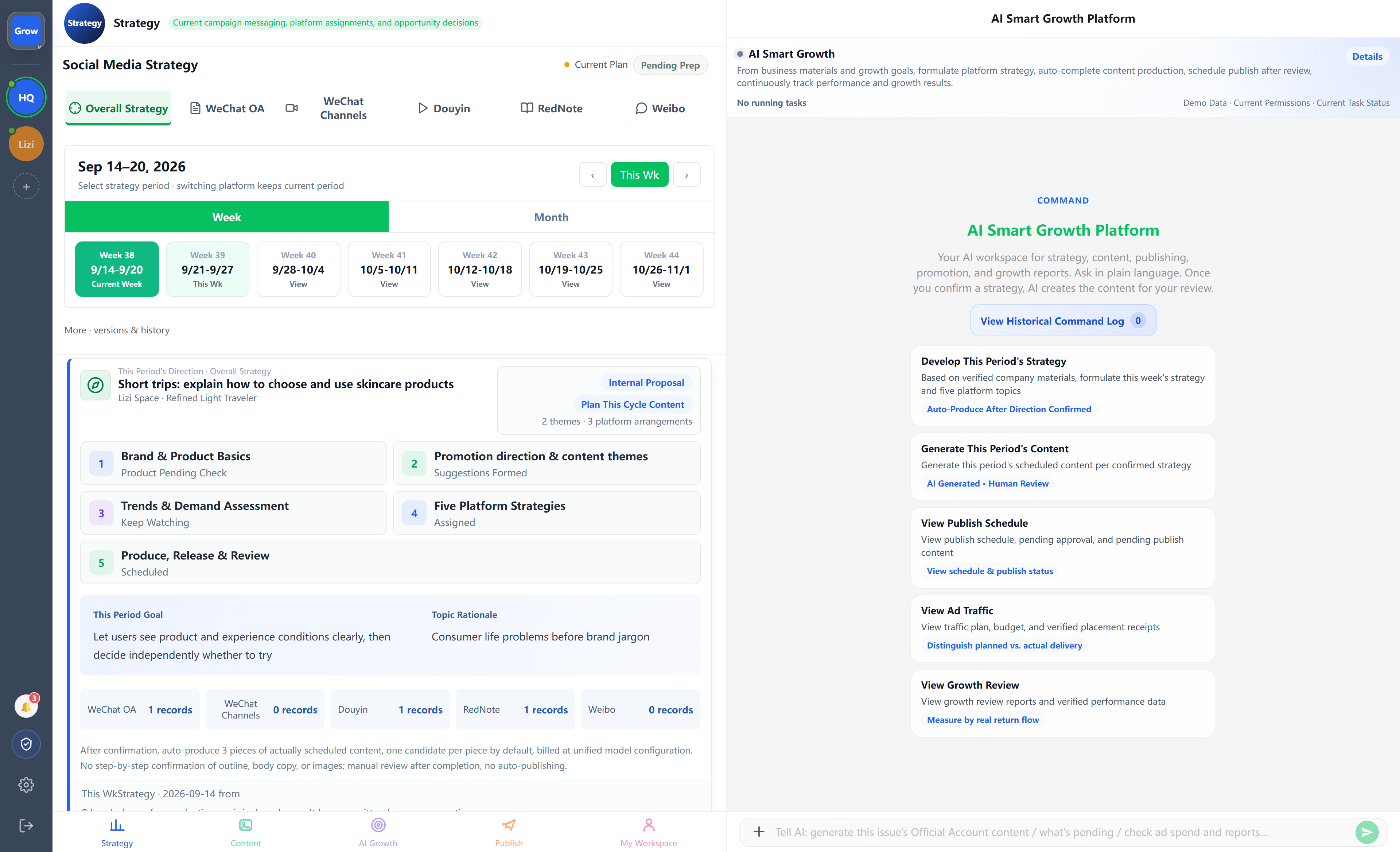 Social strategy, five-platform planning and the AI assistant — English interface preview